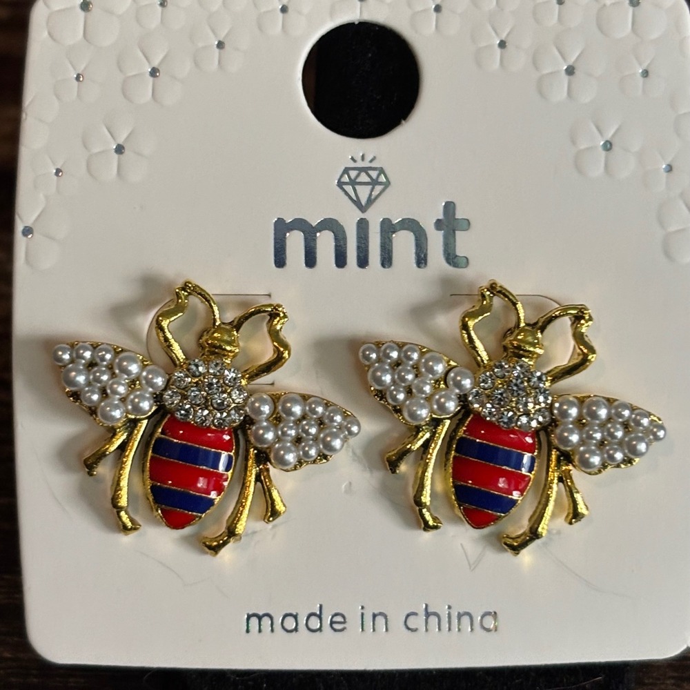 Gold Tone Bee Stud Earrings Faux Pearl Rhinestone Enamel Blue Red Striped